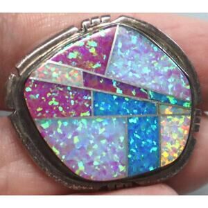 Vintage Native Opal Mosaic Sterling Brooch Marked FJC